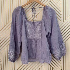 Anthropologie Calligraphie Balloon Sleeve Cotton Blouse Babydoll Top Embroidery